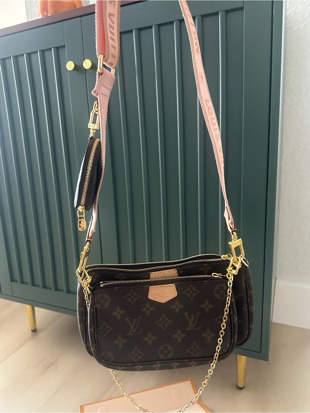 Louis Vuitton Monogram Multi-Pochette with Pink Strap and Gold Hardware